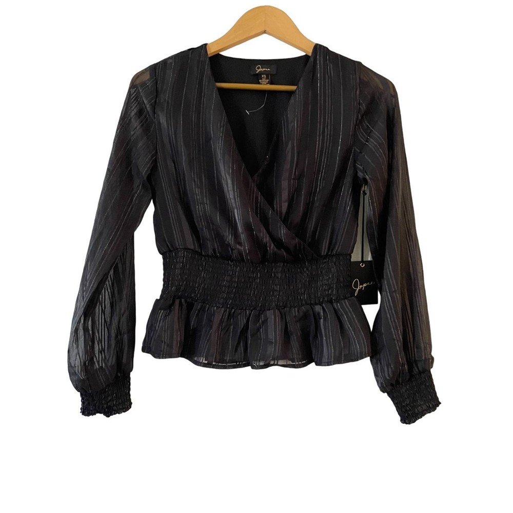 Japna Smocked Surplice Top XS Black Silver Metallic Stripe Sheer Long Sleeve NWT